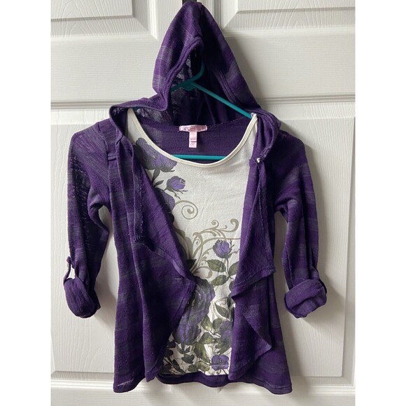 Sugar Tart Top Girls M Purple and Green Layered Tunic Hooded Top - Picture 2 of 5